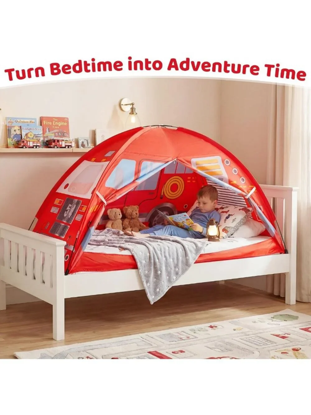 Twin Bed Tent Canopy - Red Fire Truck Play Tent for Kids, Foldable Pop Up Bed